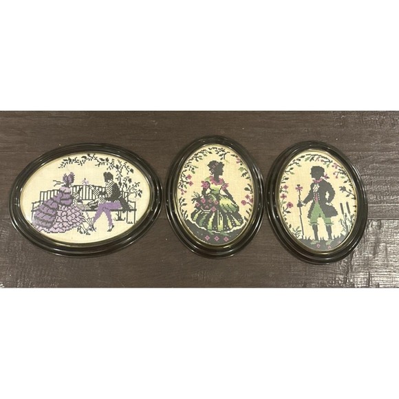 Needlepoint‎ Victorian Lady Man Courting Silhouette Black Oval Frame Lot Of 3